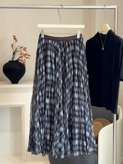 Mesh splicing color blocking plaid midi skirt for women in autumn 2025, new high waisted drape pleated loose umbrella skirt