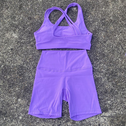 Yoga Fitness Suit Shorts Set Gym Sports Set Women Clothes 2 Piece Sports Bra Top High Waist Short Legging Running Tracksuit