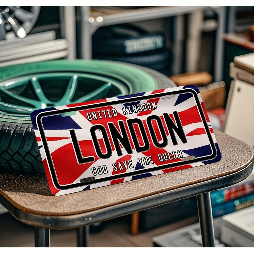 British Union Jack & God Save The Queen Metal Wall Sign - 8"x3.5" Retro London License Plate Design, Classic Garage Home Office