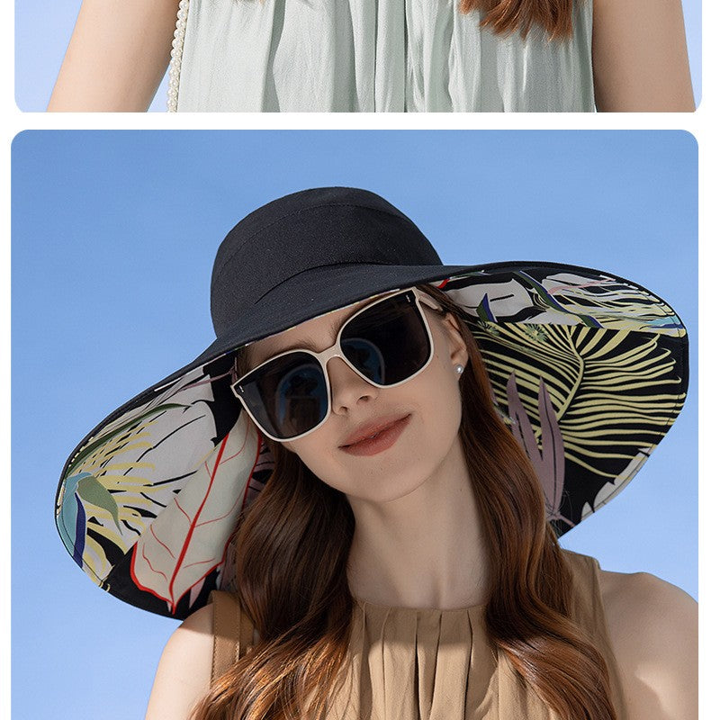 Chapéu Feminino de Verão Dupla Face com Aba Larga Proteção Solar Flor Praia Elegante Ao Ar Livre Protetor Solar Atacado Novo