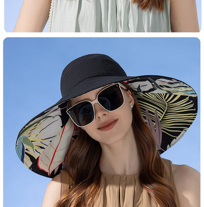 Chapéu Feminino de Verão Dupla Face com Aba Larga Proteção Solar Flor Praia Elegante Ao Ar Livre Protetor Solar Atacado Novo