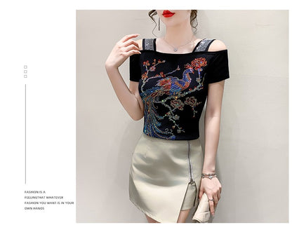 Summer New Fashion Cartoon T-shirt Chic Hollow Out Hot Diamonds Tees Sexy Off Shoulder Short Sleeve Women's Tops Blouse