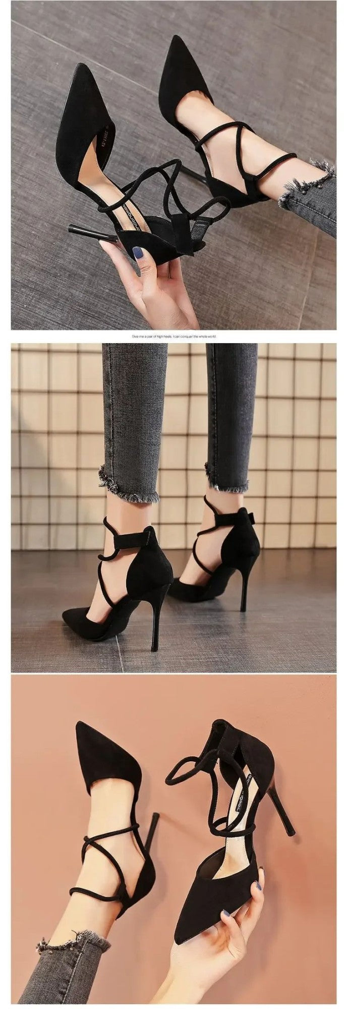 2024 New Cross-strap Roman Sandals Suede High Heels Women's Shoes One-line Buckle Fine Heel Pointed Sandals Zapatos De Mujer