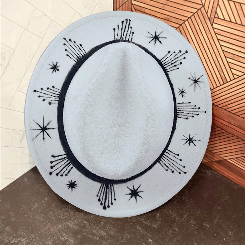 Chapéu Fedora Pintado à Mão Masculino e Feminino Chapéu Panamá Moda Primavera Outono com Pena Envolta Chapéu Fedora de Lã com Aba Grande