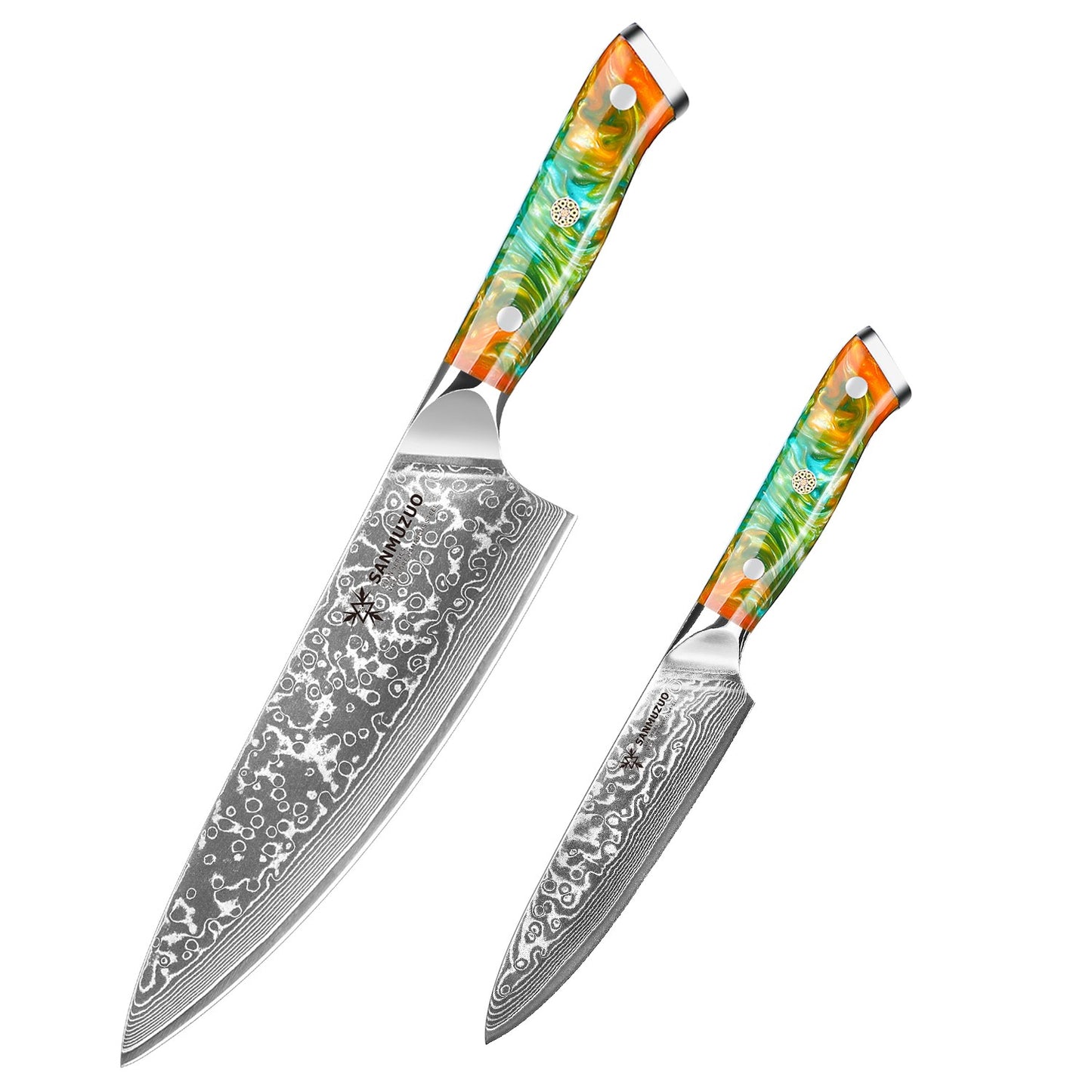SANMUZUO Conjunto de Facas de Cozinha 2 Peças - Série Xuan Faca de Chef e Faca Utilitária de Aço Damasco Ultra Afiadas - Cabo de Resina para Culinária Diária