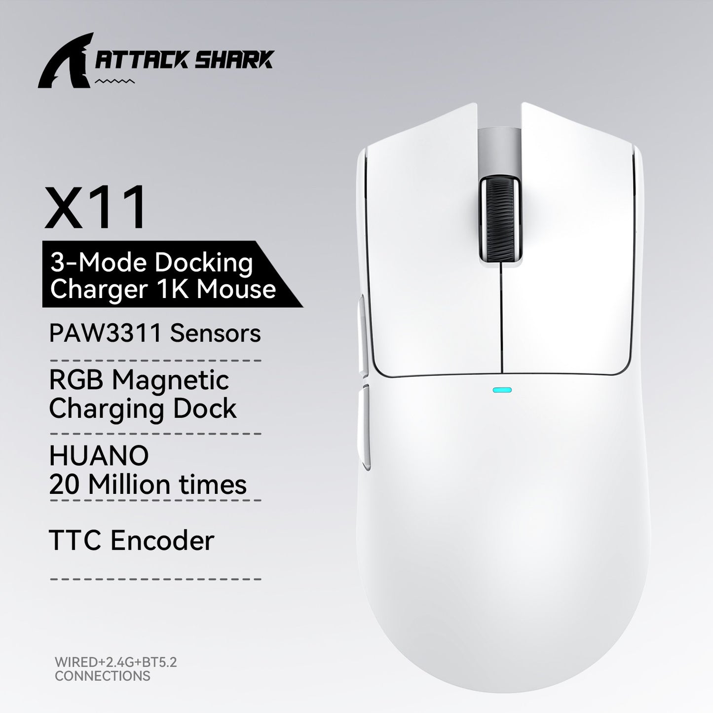 X11 ATTACK SHARK X11SE Mouse Gamer Sem Fio 22000 DPI, Sensor PixArt PAW3311, BT/2.4G/Com Fio, 59g Leve, 2000W Cliques