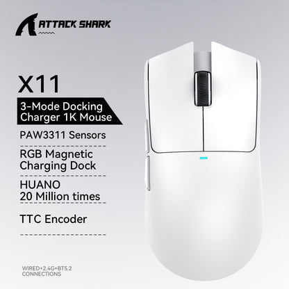 X11 ATTACK SHARK X11SE Mouse Gamer Sem Fio 22000 DPI, Sensor PixArt PAW3311, BT/2.4G/Com Fio, 59g Leve, 2000W Cliques