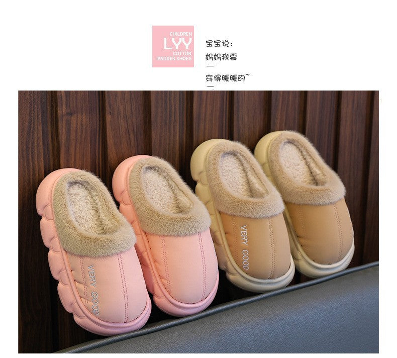 New Children's PU Leather Plush Slippers Soft Sole Non-slip Winter Warm Baby Boys Girls Indoor Home Cotton Shoes