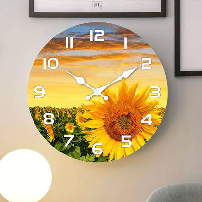 1pc wooden wall clock, Sunflower Garden design wall clock at sunset, round silent clock, for living room bedroom, room decoratio