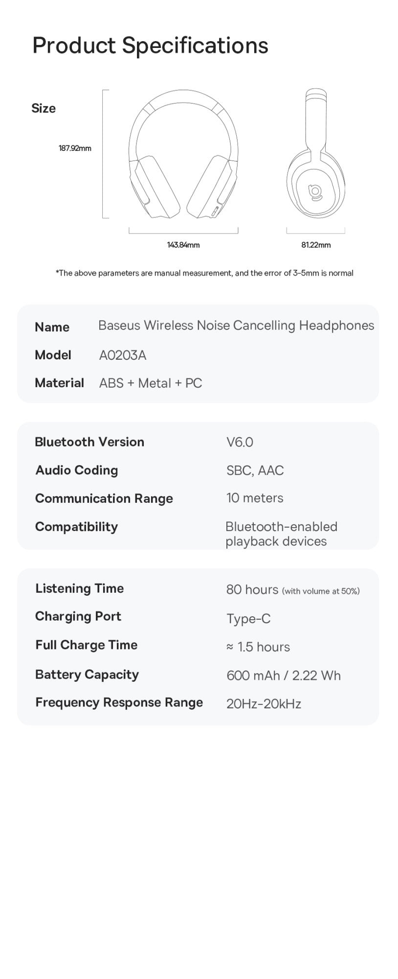 Baseus Bass BH1 Wireless Headphones Bluetooth 6.0 SuperBass 2.0 Over Ear Headset ENC Clear Calls 80hours Playtime Earphones