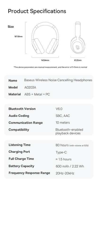 Baseus Bass BH1 Wireless Headphones Bluetooth 6.0 SuperBass 2.0 Over Ear Headset ENC Clear Calls 80hours Playtime Earphones