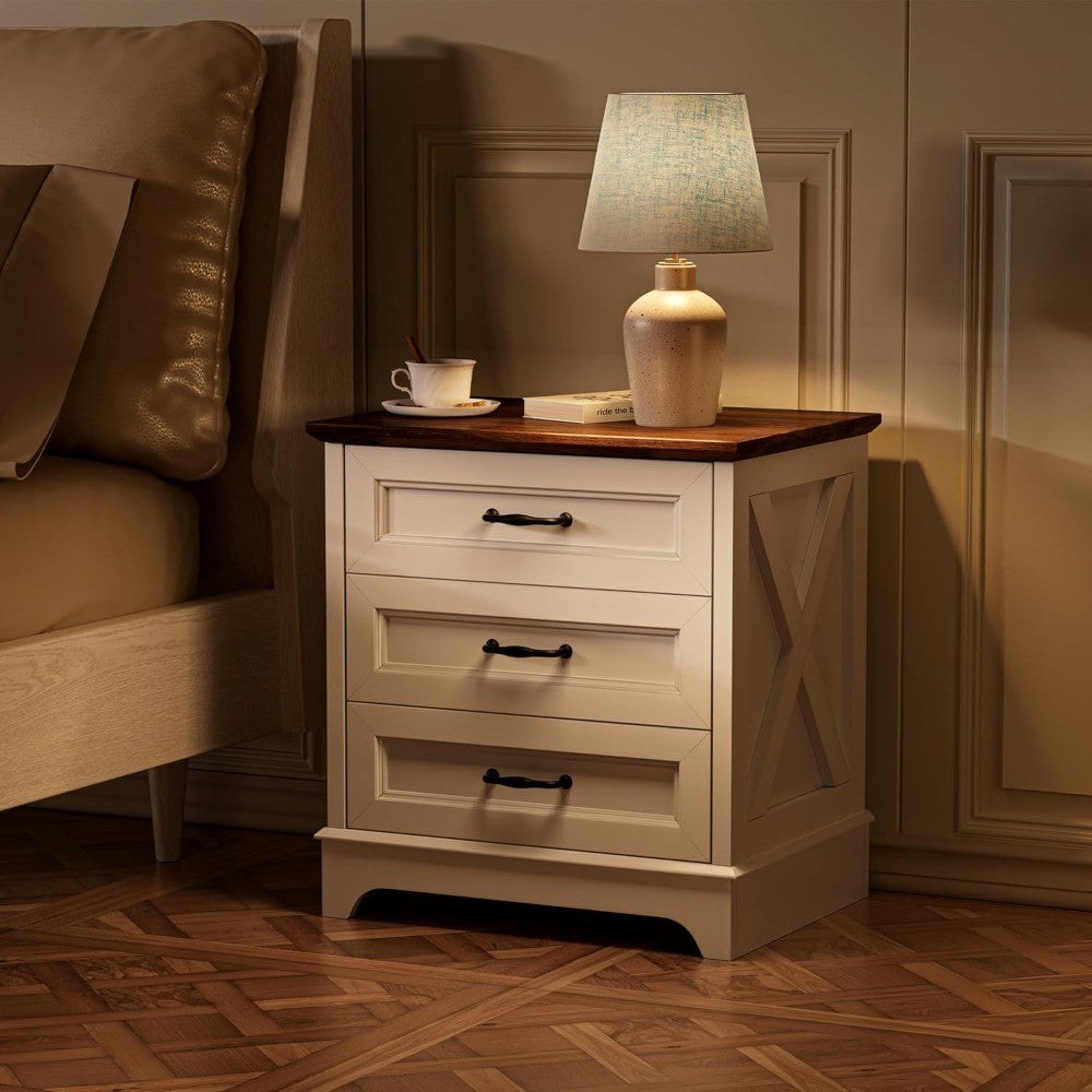 Nightstand with Drawers - Wide End Table with 3 Large Drawers & Bar Handles, Small Rustic Wood Chest of Drawers for Bedroom