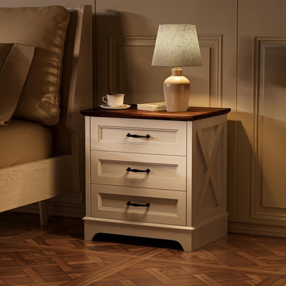 Nightstand with Drawers - Wide End Table with 3 Large Drawers & Bar Handles, Small Rustic Wood Chest of Drawers for Bedroom