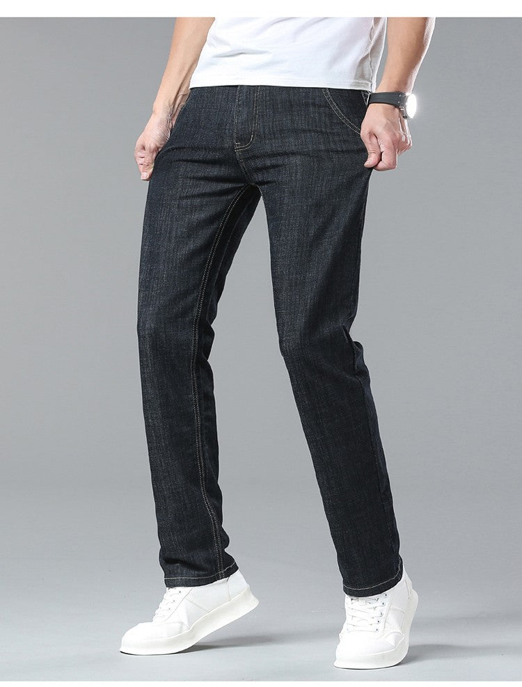 Light Blue Classic Business Casual Cotton Pants Fashion Breathable Denim Elastic Trousers Brand Men's Clothing Straight Jeans