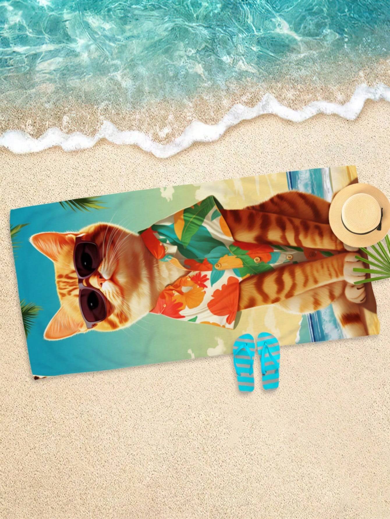 1pc Animal Cat Pattern Printed Superfine Fiber Quick Drying Beach Towel For Swimming, Bath, Outdoor Travel