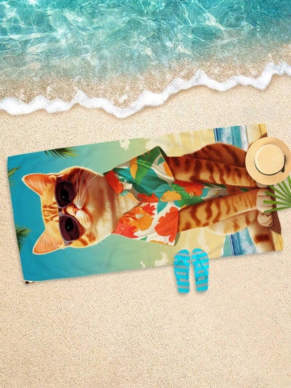 1pc Animal Cat Pattern Printed Superfine Fiber Quick Drying Beach Towel For Swimming, Bath, Outdoor Travel