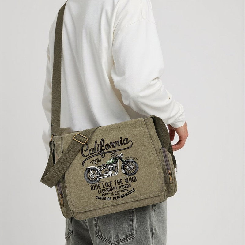 Vintage Men Canvas Messenger Bag Crossbody Bags Unisex Motorcycle Print Shoudler Bag Large Capacity Commuting Bag