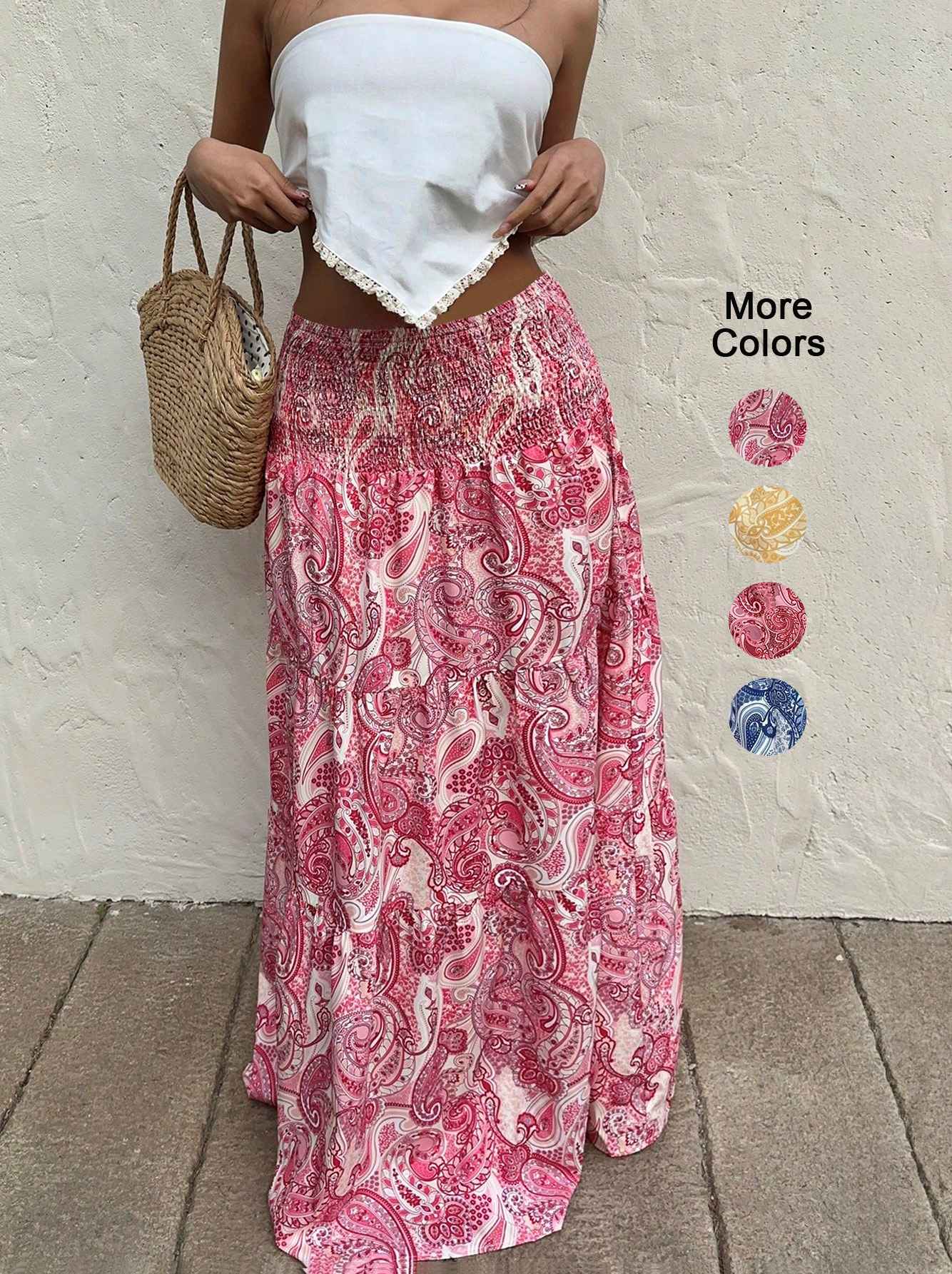 Vacation Style Stretchy Waist Long Maxi Skirt - Flowy Beach Skirt with Elastic Waistband