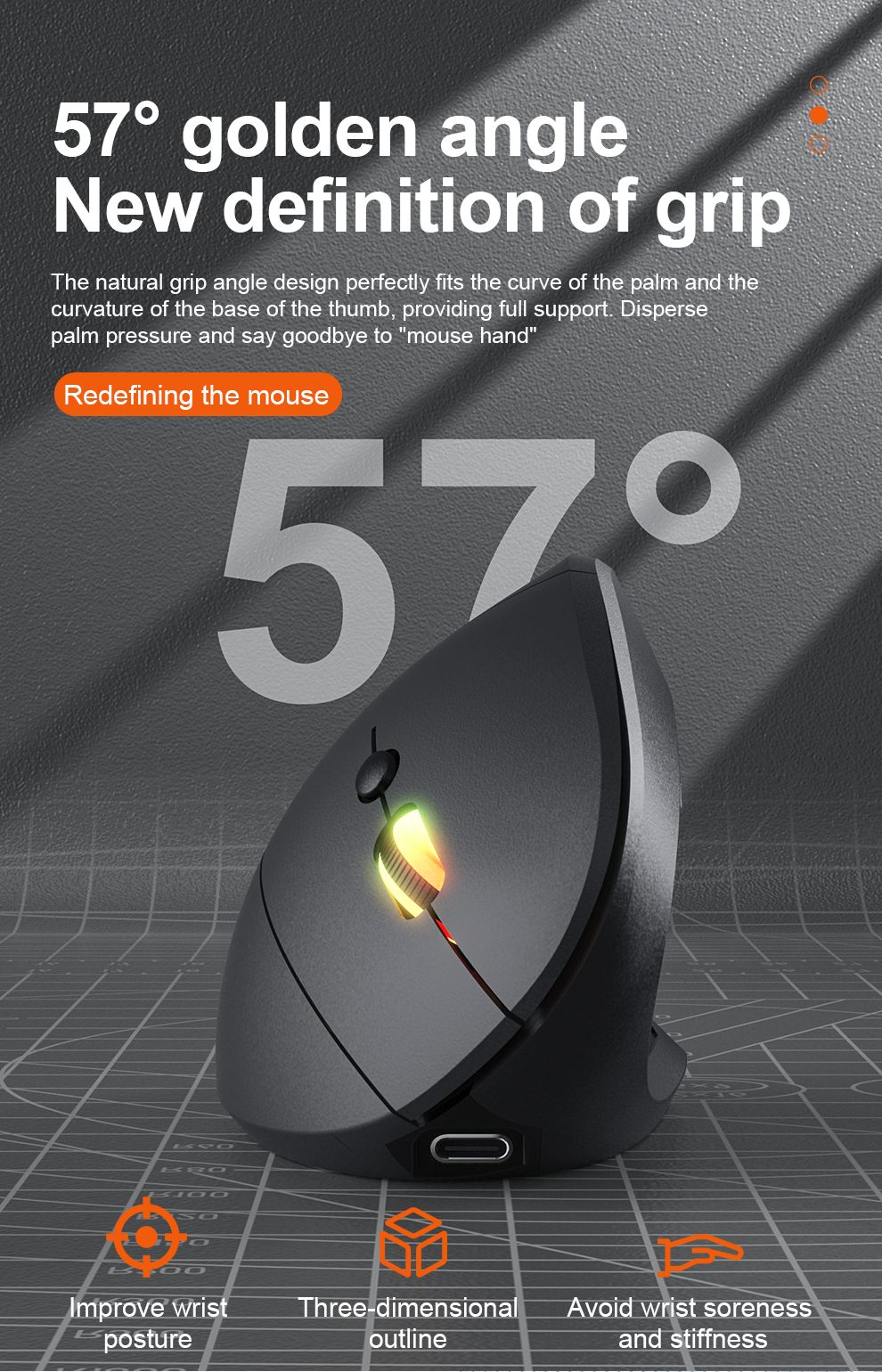 2.4GHz Bluetooth Wireless Mouse Rechargeable Vertical Mice Ergonomic 3Adjustable 1600DPI 6Buttons for Laptop PC Computer Desktop
