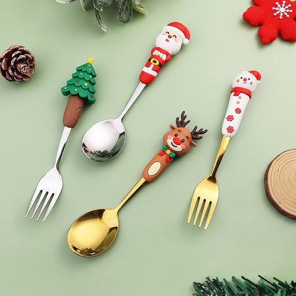 4PCS Christmas Cutlery Set Silver Spoon Fork Set Elk Christmas Tree Decoration Dessert Scoop Cake Fork Silverware Coffee Spoon