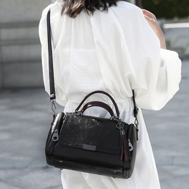 Tassel Decor Women's Large Capacity Shoulder Bag Fashion Zipper Crossbody Bag With Removable Strap Boston Handbag