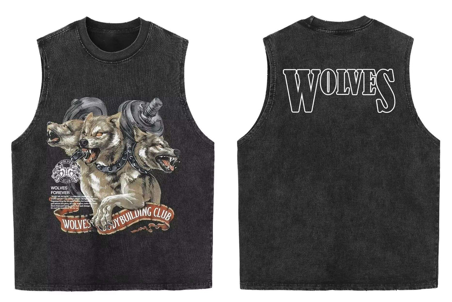 2025 summer American vintage Washed men's T shirt Wolf Head Print Tank Top Gym Fitness Sleeveless T shirt Exercise Vest Women