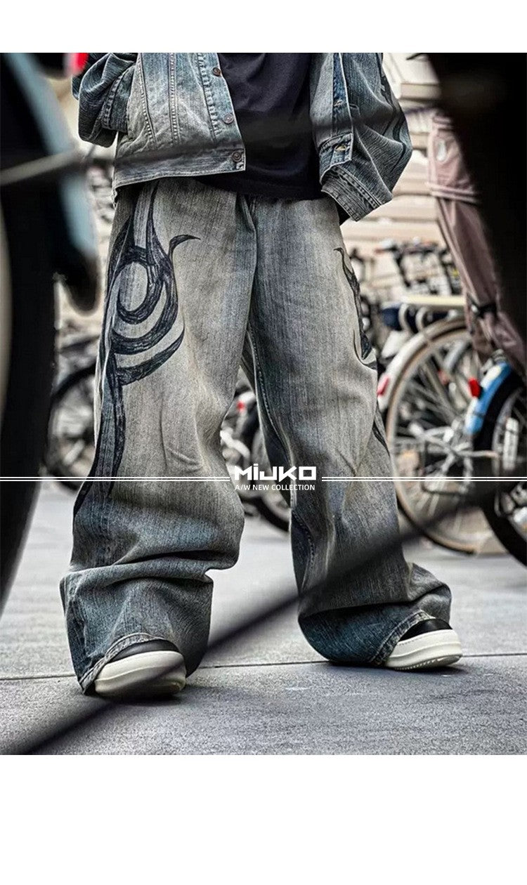 MIJKO New Retro Dragon Pattern Totem Print Bamboo Baggy Drawstring Washed Jeans For Men Women Denim Pants ZJ083