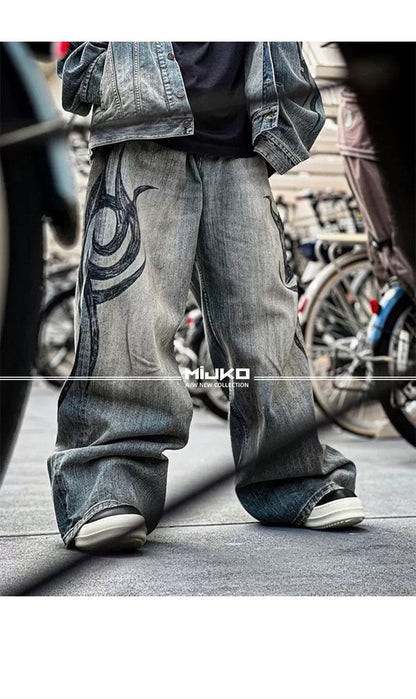 MIJKO New Retro Dragon Pattern Totem Print Bamboo Baggy Drawstring Washed Jeans For Men Women Denim Pants ZJ083