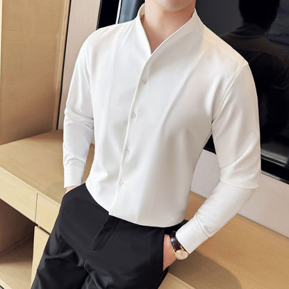 Advanced Sexy V-neck Men's Long Sleeved Shirt Designer Stand Up Collar Shirt Business Social Slim Fit Black and White Top