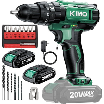 Conjunto de Furadeira de Impacto sem Fio 20V com 2 Baterias, Torque de 350 pol-lb, Mandril sem Chave de 3/8", 14 Peças de Brocas para Concreto e Madeira
