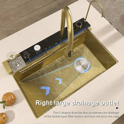 Stainless Steel Golden Kitchen Sink Multifunctional Waterfall Outlet Single Slot Piano Button Digital Display