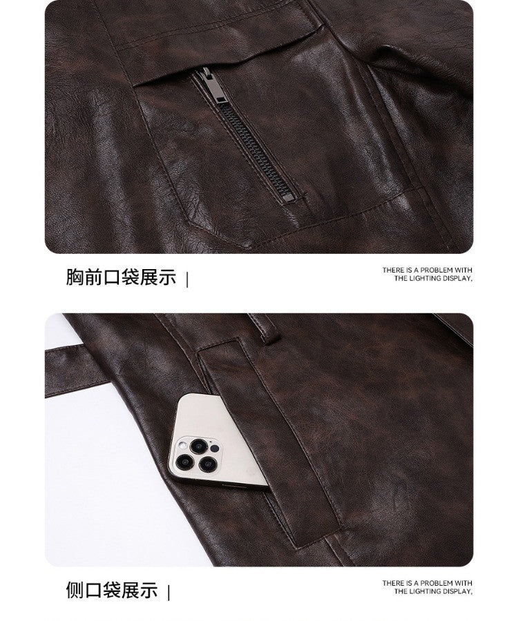 New Mid-length Men's Leather Jacket Spring and Autumn Fashion Functional Lapel PU Jacket Retro Men's Motorcycle Leather Jacket