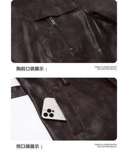 New Mid-length Men's Leather Jacket Spring and Autumn Fashion Functional Lapel PU Jacket Retro Men's Motorcycle Leather Jacket