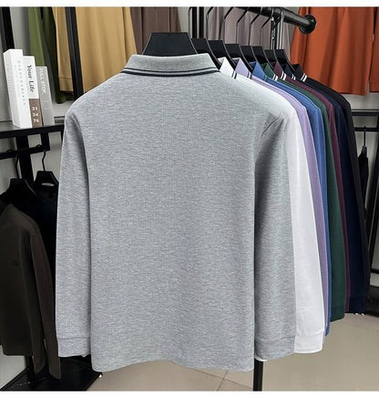 100% pure cotton high-quality long sleeve polo shirt men's autumn new style comfort casual luxury double striped lapel T-shirt