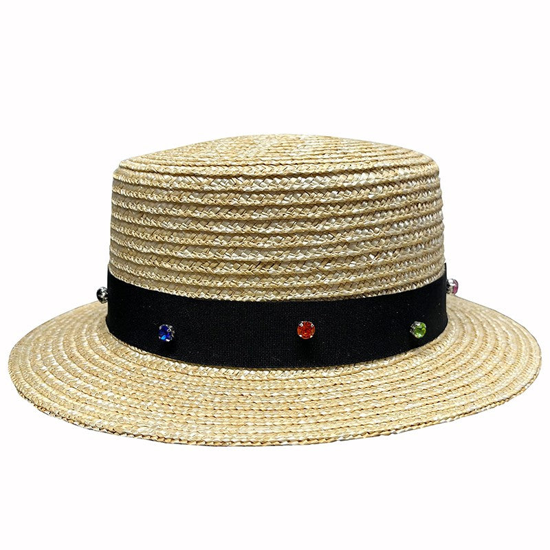 REHOOS Natural Wheat Straw Boater Fedora Top Flat Hat Women Summer Beach Flat Brim Cap Bowknot Ribbon For Holiday Party