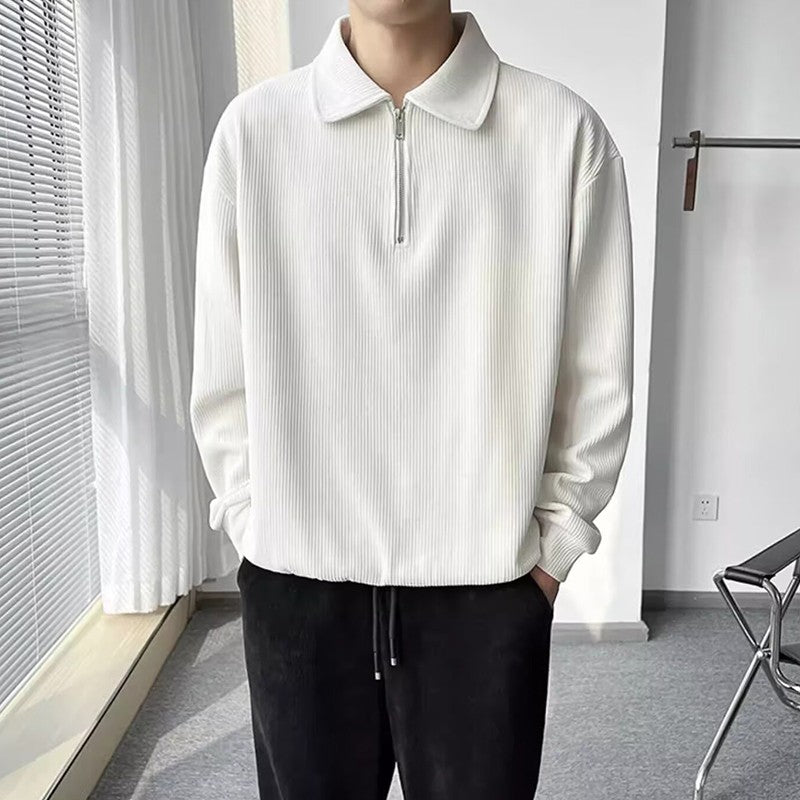 Autumn Vintage Polo Collar Sweater Men's Thickened Loose-Fit Half Zipper Knitwear New Anti-Pilling Flip Pullover Knit Sweaters