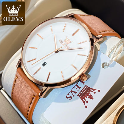 OLEVS 5869 Watch Man Casual Fashion Original Quartz Watch Waterproof Luminous Leather Strap Watches For Men Thin Watch Dial