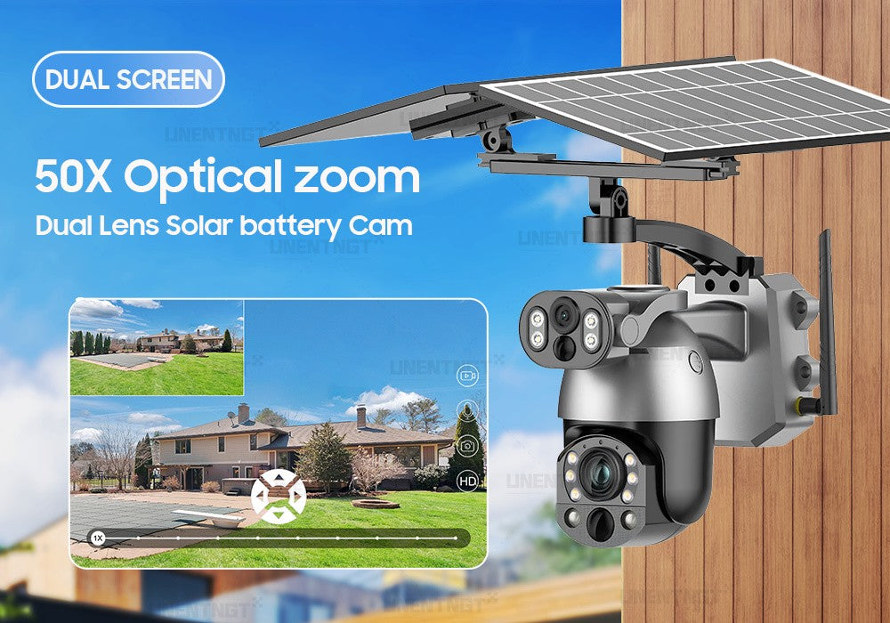 UNENTGT 4k Dual Lens View 50X Optical Zoom Solar Battery PTZ Camera 10MP SIM Card Outdoor Wifi CCTV Solaire Surveillance Camera
