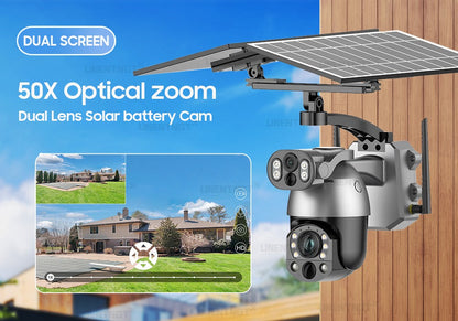 UNENTGT 4k Dual Lens View 50X Optical Zoom Solar Battery PTZ Camera 10MP SIM Card Outdoor Wifi CCTV Solaire Surveillance Camera