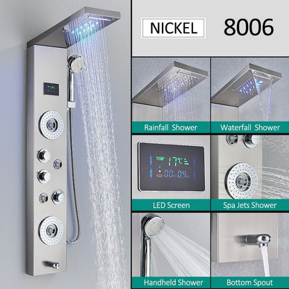 Sistema de Torre de Painel de Chuveiro de LED Coluna de Chuveiro de Cascata de Chuva com Tela LCD de Hidroeletricidade com Torneira de Chuveiro de Spa de Corpo com Massagem