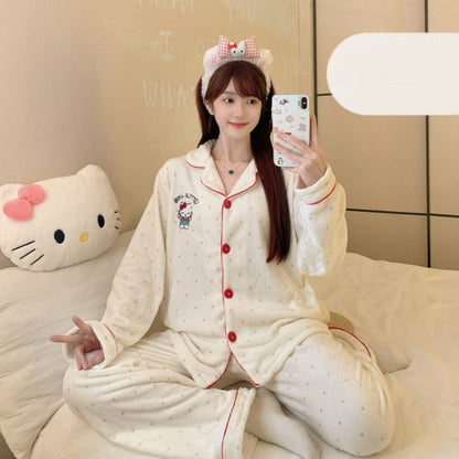 Autumn Winter New Pajamas Lapel Neck Long Sleeve Colourful Dot Print Warm Sleepwear Thick Casual Pajamas Coral Fleece Two-Piece