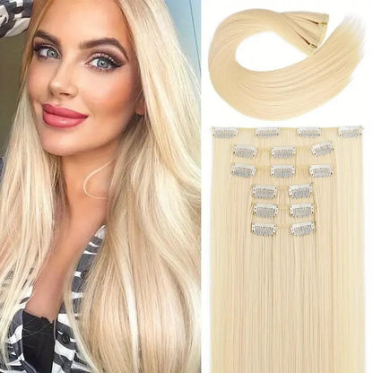 Extensões de Cabelo Sintéticas Lisas Longas com 16 Grampos para Mulheres e Meninas Acessórios para Cabelo