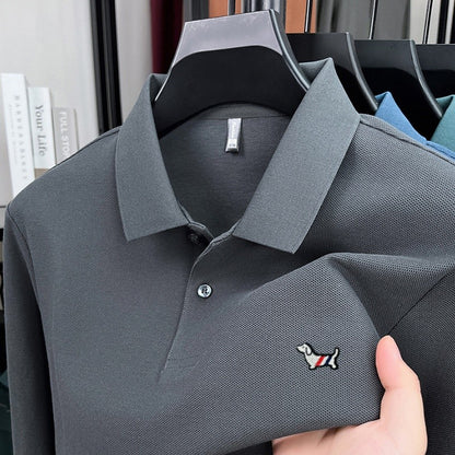 100% pure cotton spring and autumn fashionable men's collar striped long sleeved polo shirt with micro seal dog embossed design