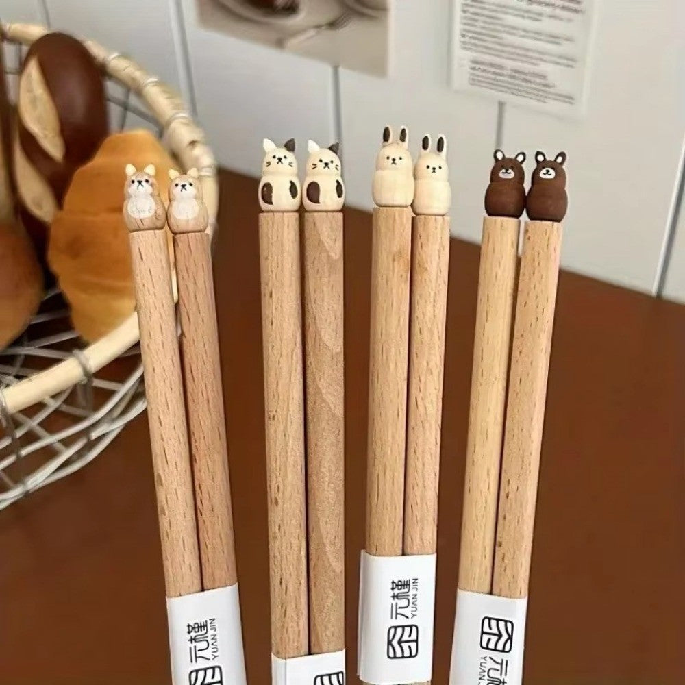 Hashis de Desenho Animado de Animais Fofos, Hashis de Madeira de Faia para Casais de Sushi, Utensílios de Jantar de Madeira Entalhados à Mão, Práticos e Bonitos