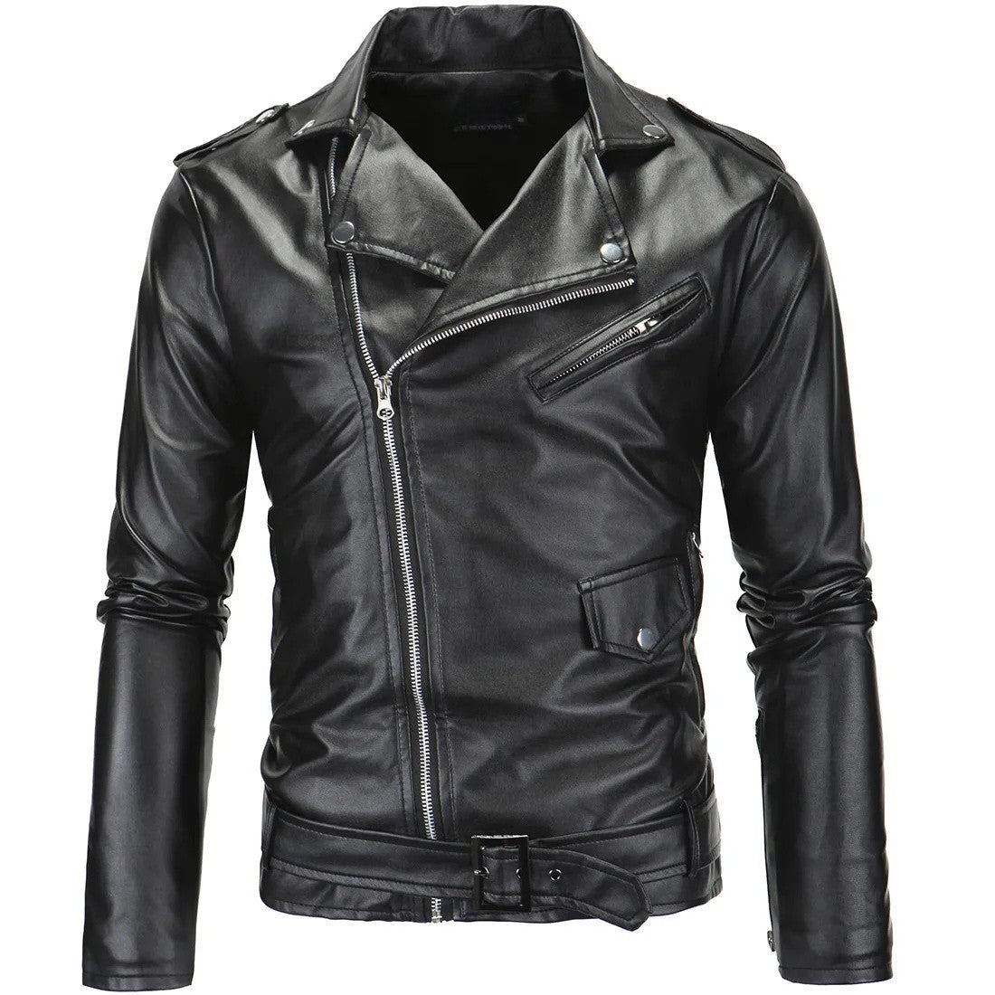Slim Fit Casual Biker Jacket Men's Spring Outerwear Fashionable Collar Zipper Leather Jacket Motorcycle Style Male Coat