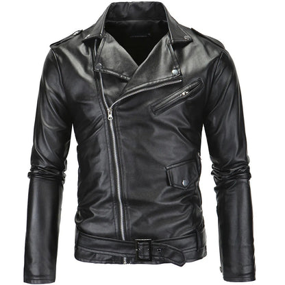Slim Fit Casual Biker Jacket Men's Spring Outerwear Fashionable Collar Zipper Leather Jacket Motorcycle Style Male Coat
