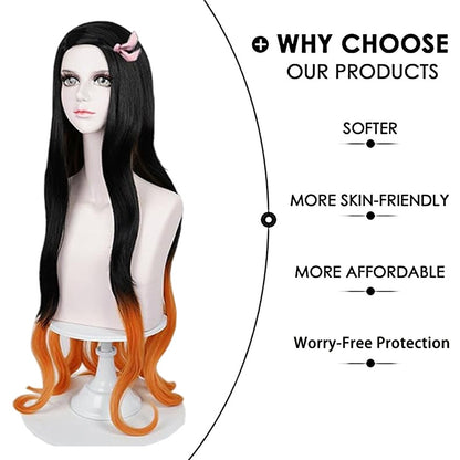 Peruca Sintética de Alta Qualidade para Cosplay de Anime Demon Slayer Kamado Nezuko, Cabelo Cacheado Longo de 81 cm, para Halloween, Carnaval, Festa Diária