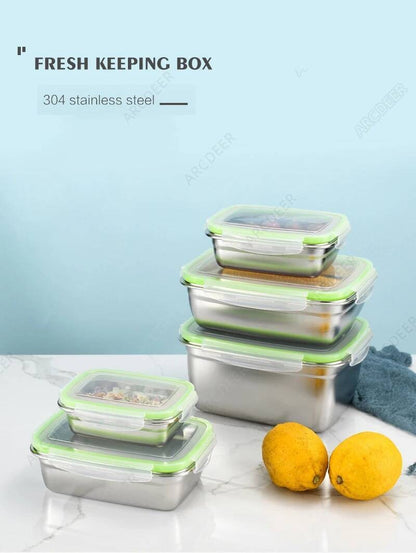 Organizadores de Alimentos de Cozinha em Aço Inoxidável com Tampas, Caixa de Armazenamento Refrigerada, Lancheiras Herméticas Anti-Vazamento