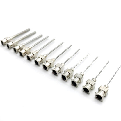 Agulha de Seringa de Aço Inoxidável 304 com Ponta Plana Romba para Aplicação de Adesivo Líquido em Pasta, 12 Peças, 12Ga a 23Ga, Tamanhos Mistos em uma Caixa
