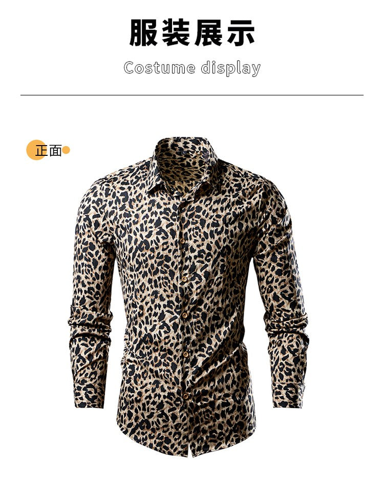 QJ CINGA Brand Men Leopard Print Long-sleeved Shirt, White Single-breasted Button-down Collar Printed Shirts, Asian Size M-6XL